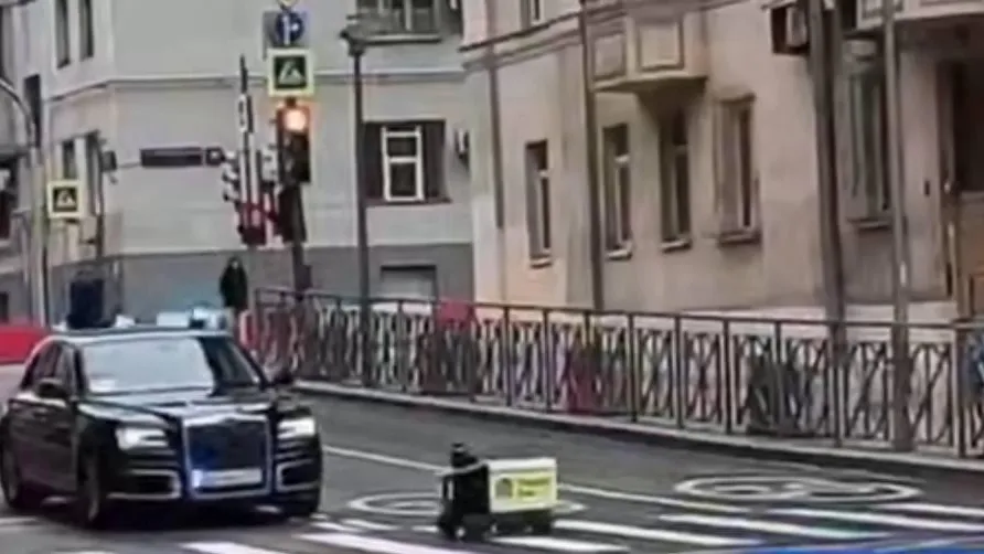Видео: робот-доставщик помешал проехать Aurus с мигалкой в Москве
