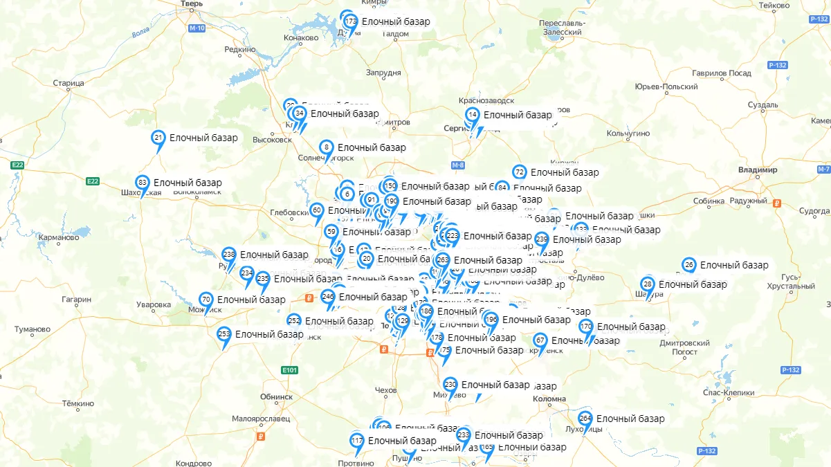 Елочные базары в Подмосковье. Карта