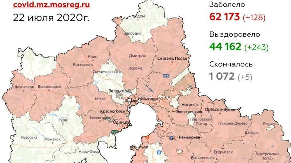 В 24 округах Подмосковья не выявили ни одного случая заражения Covid‑19 за сутки