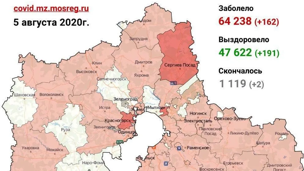 Новых случаев Covid‑19 не выявили за сутки в 25 муниципалитетах Подмосковья