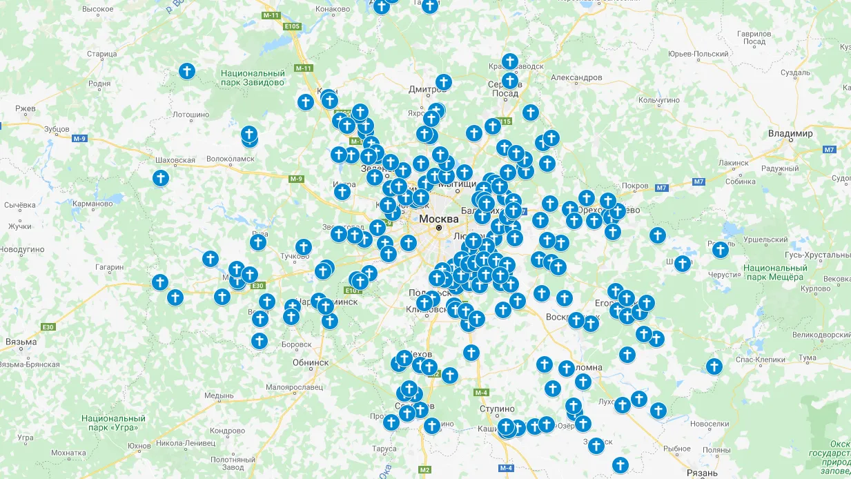 Карта размещения крещенских купелей в Подмосковье в 2020 году