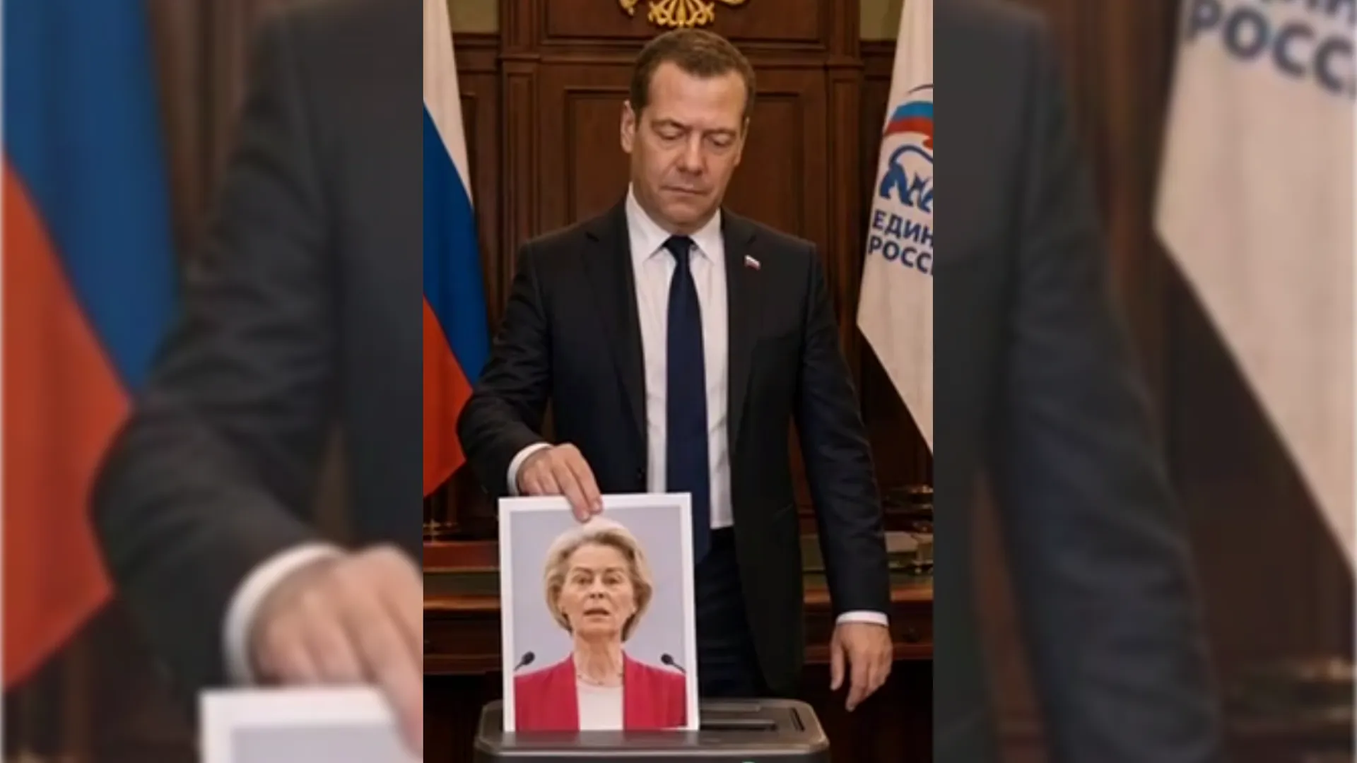 Медведев в День России показал видео с фото Мерца и фон дер Ляйен в шредере