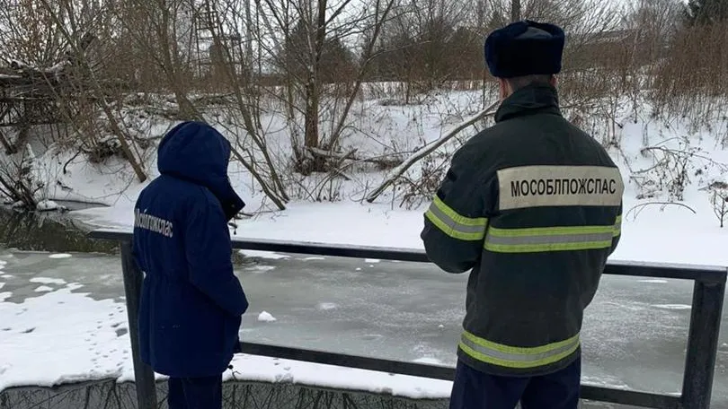 Толщина льда на реке Пахре в Подольске составляет около 50 см