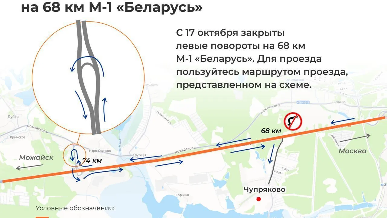 На трассе М-1 «Беларусь» в Подмосковье 17 октября изменится схема движения