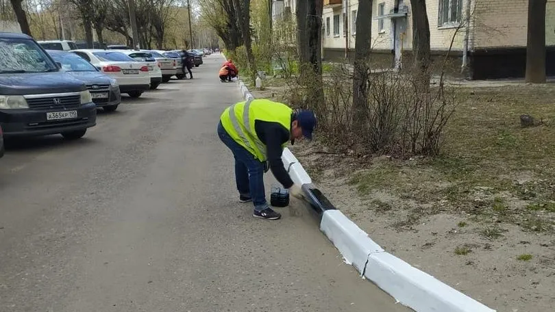 В микрорайоне Климовск Подольска УК покрасила бордюрный камень во дворах