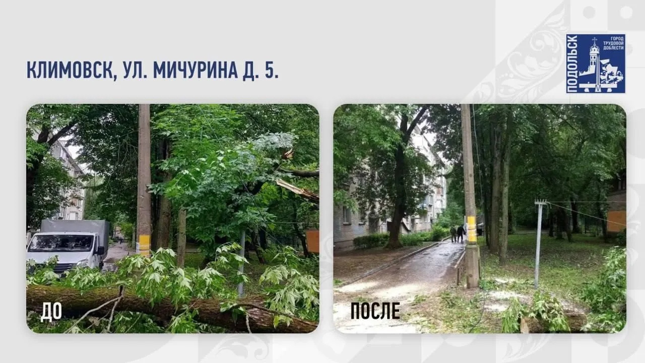 Коммунальщики Подольска расчищают дворы после шторма