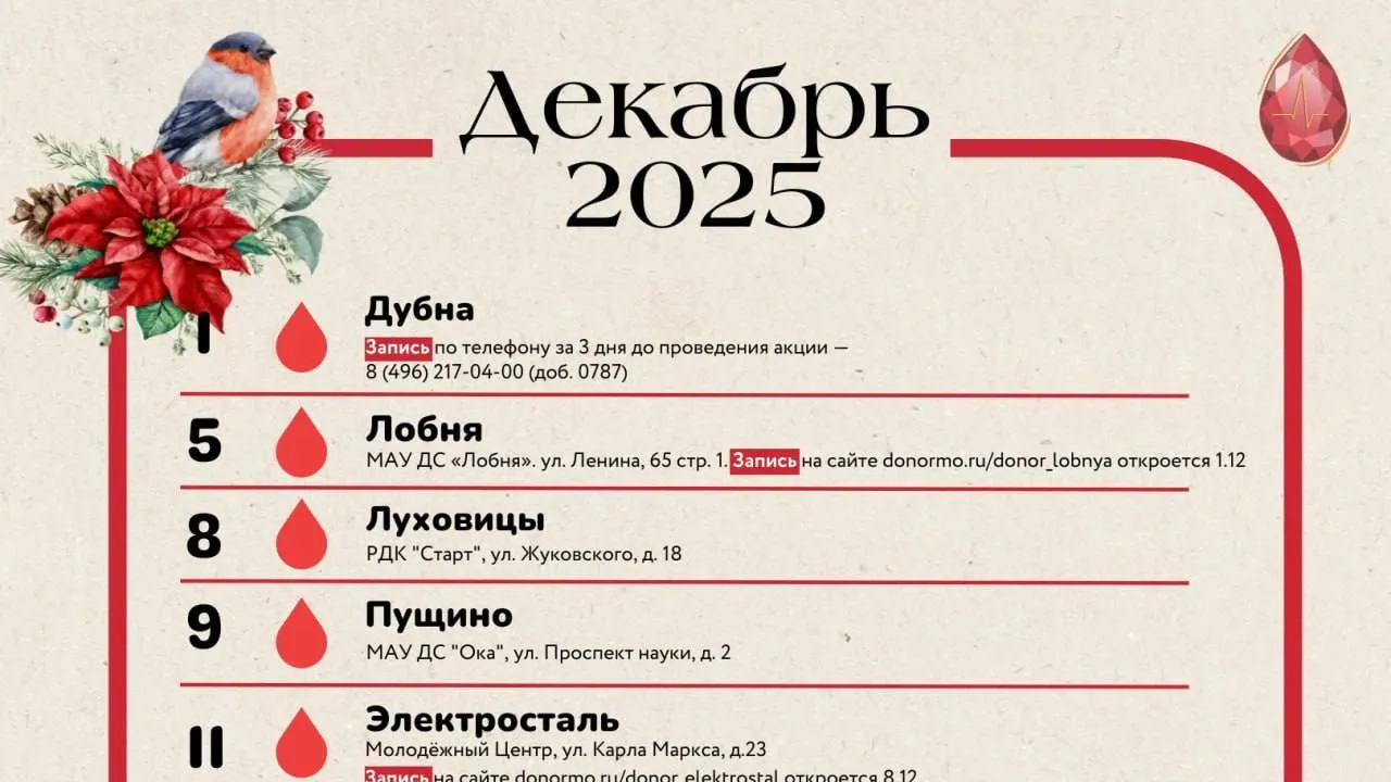 Центр крови организует девять выездных донорских акций в Подмосковье в декабре