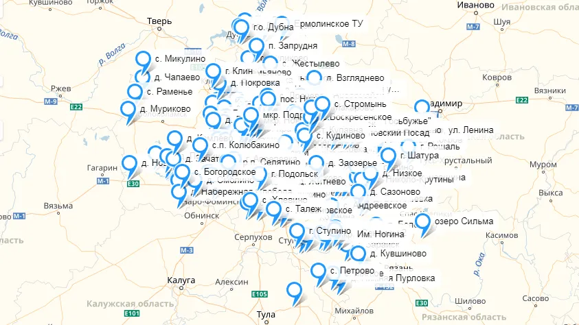 Карта размещения крещенских купелей в Подмосковье в 2019 году