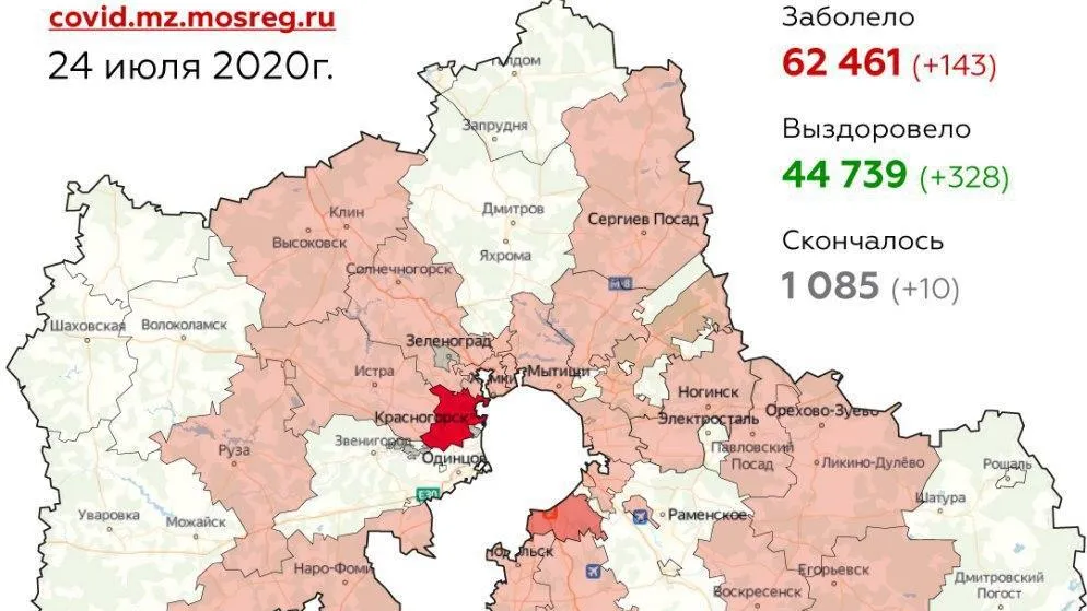 В 26 округах Подмосковья за сутки не выявили ни одного случая заражения коронавирусом